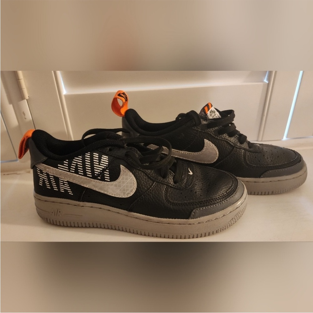 Nike Air Force 1s Black and Gray Sneakers with Orange Accents